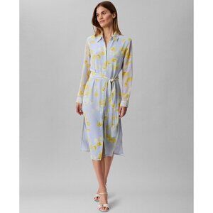 Calvin Klein Jeans Dress Womens Size L Blue Floral Chiffon Midi Belted $149